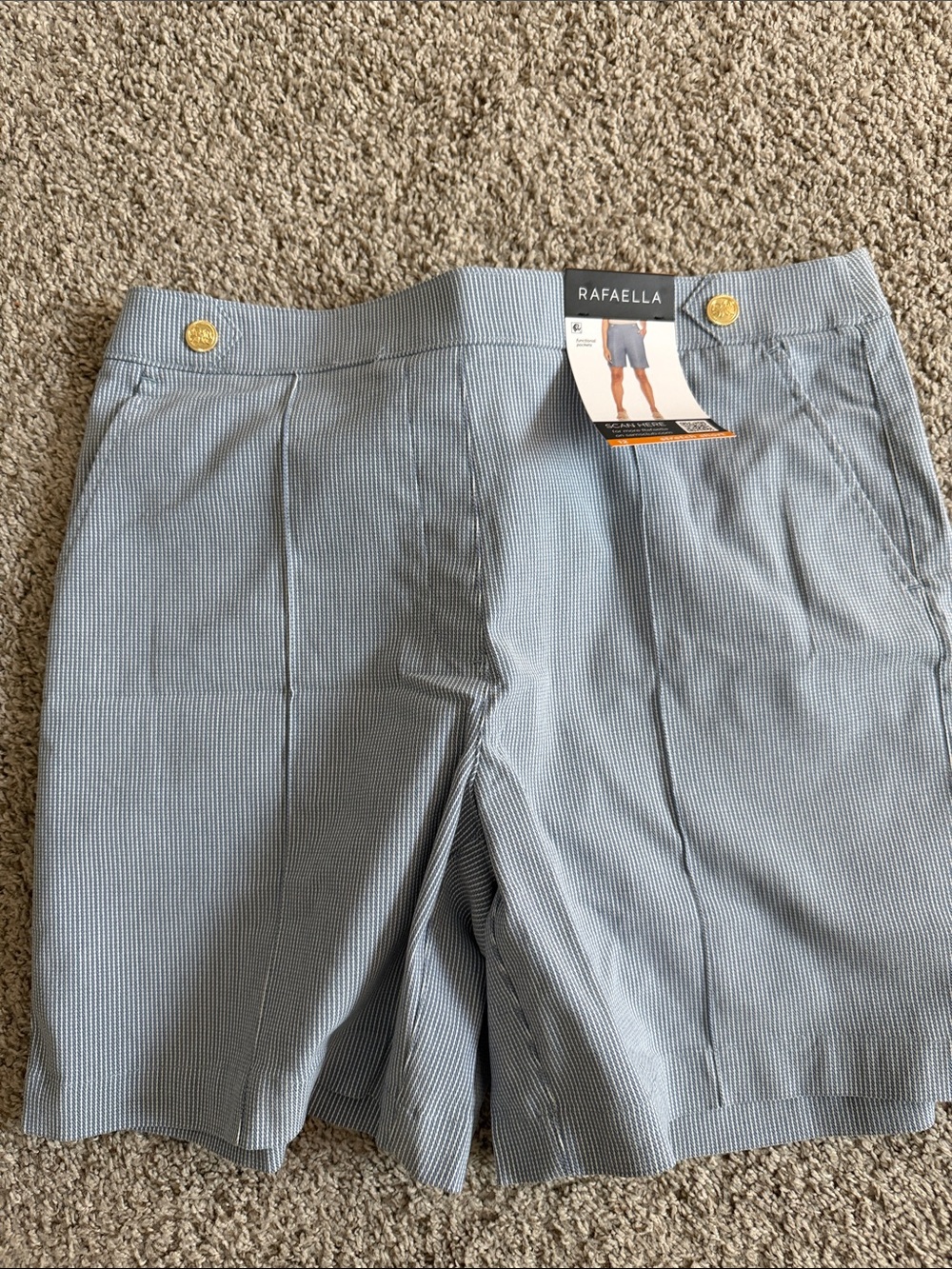 Rafaella Blue and White Pinstripe Stretch Tailored Shorts with Gold Buttons